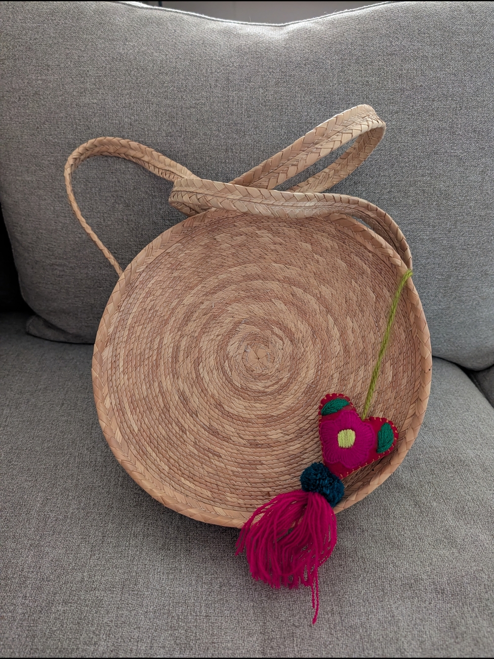 Round Woven Straw Crossbody Bag with Colorful Heart Tassel - Never Used
